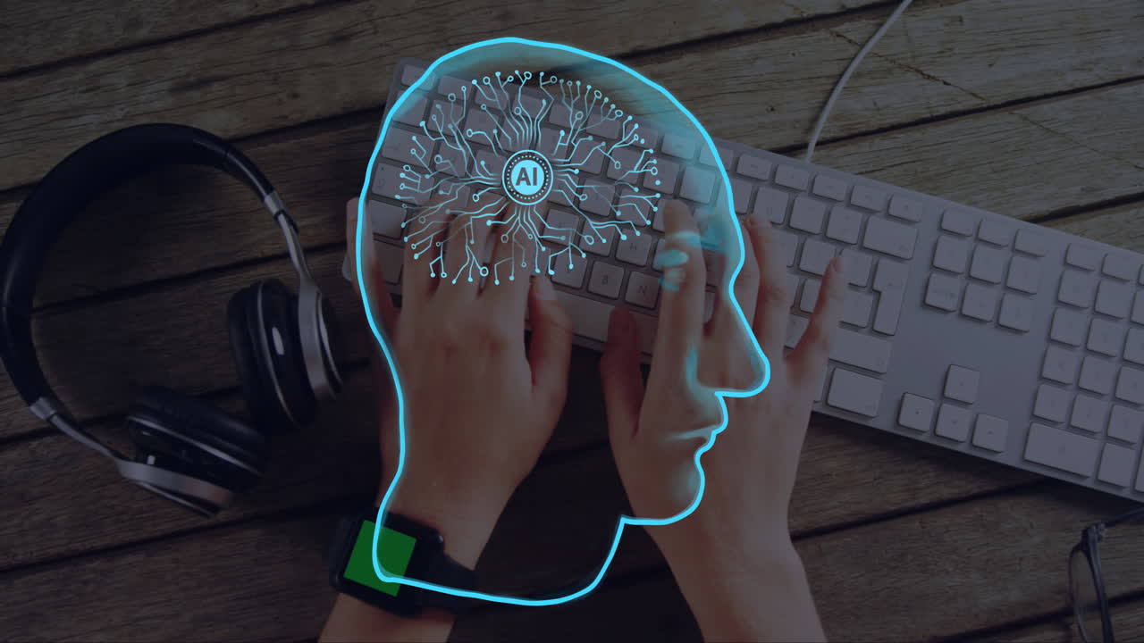 animación de un cerebro y procesamiento de datos sobre un hombre caucásico escribiendo en la computadora