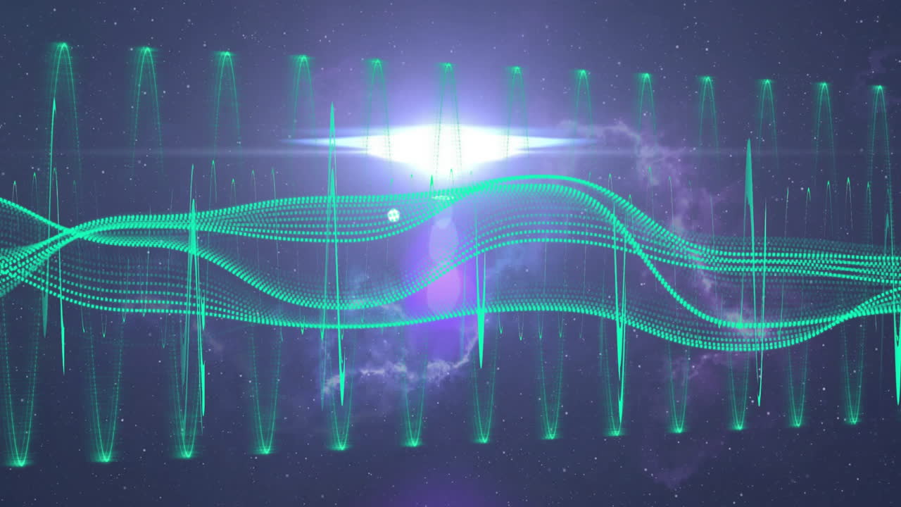 Animation of green waveforms and digital patterns over cosmic background with light