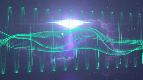 animation of green waveforms and digital patterns over cosmic background with light