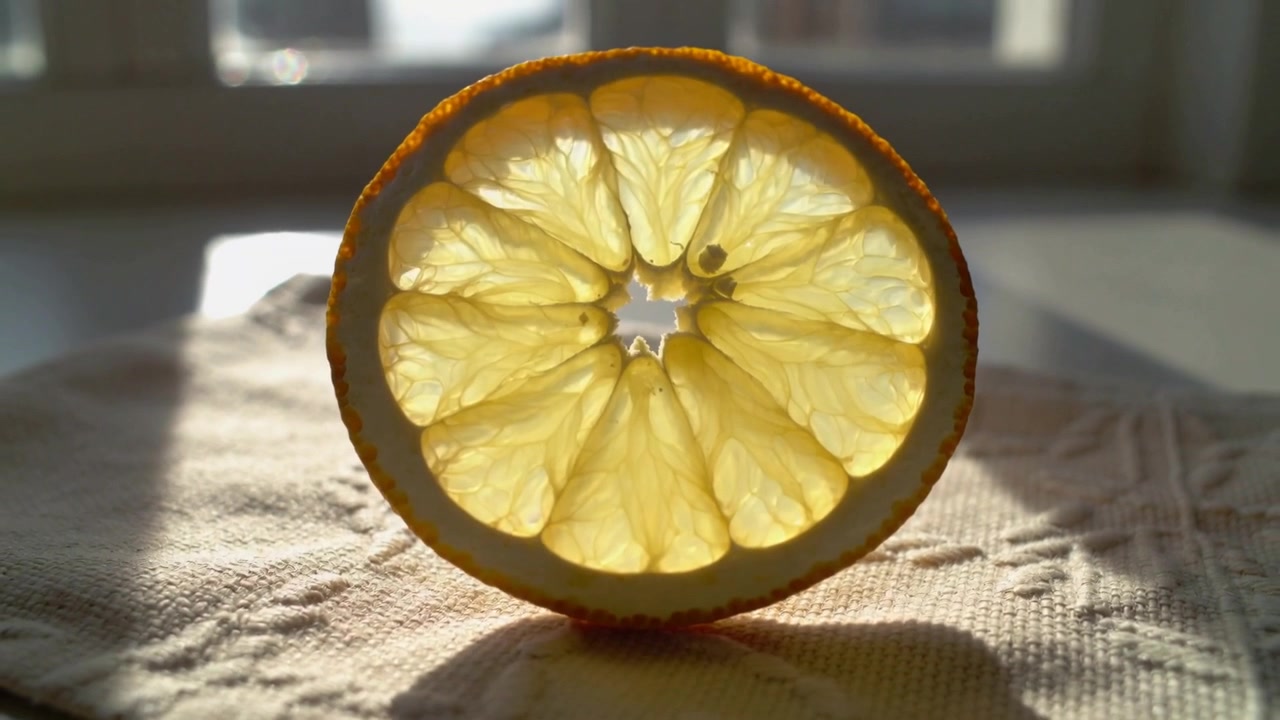 Luce solare mutevole sfiora una fetta di agrume che si erge su un panno vicino a una finestra luminosa, rivelando un seme.