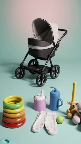 collection of baby essentials: stroller, bottles, clothes, and toys