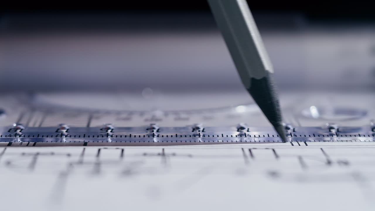 Close-up of Architectural Drafting with Pencil and Ruler on Blueprint
