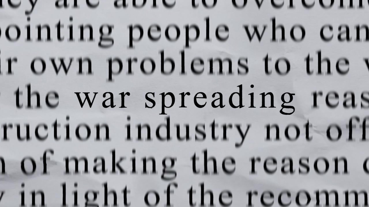 WAR SPREADING Text in Centre with High-energy Fast Text Stop-Motion Writing Cycling Rapidly on Crinkled Texture Paper. Newspaper Cuttings Style animation.