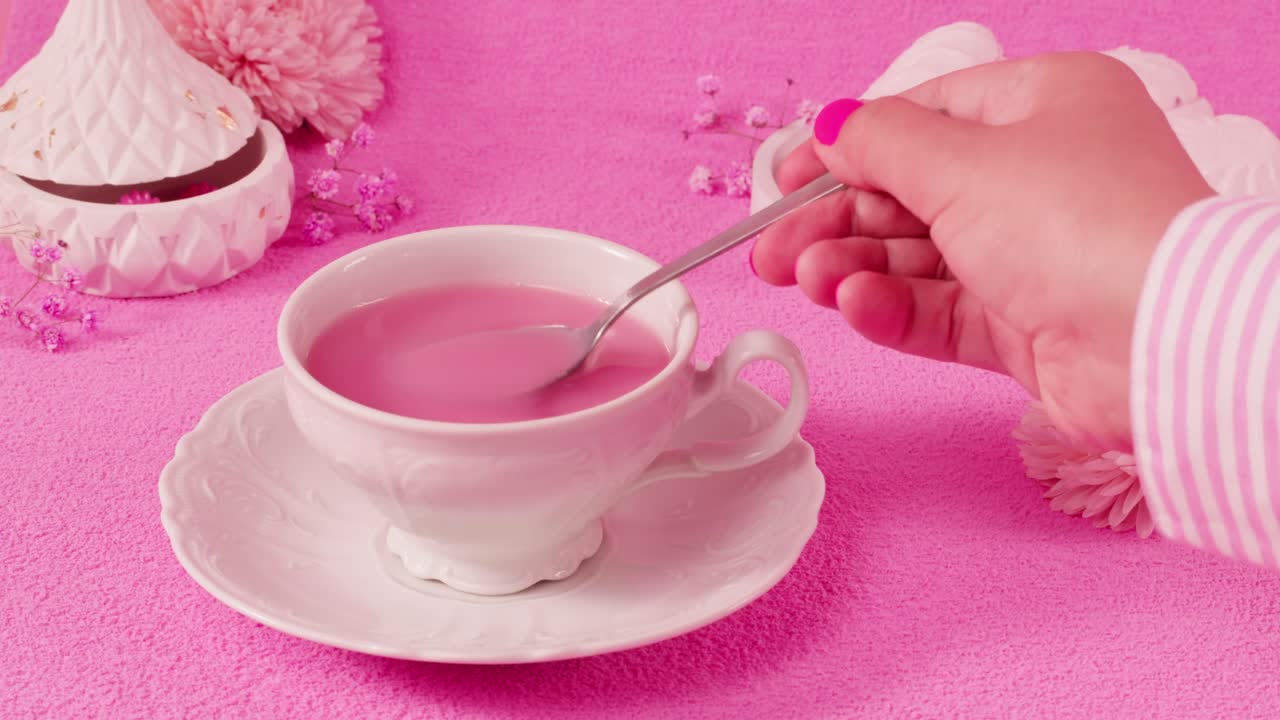 Ora del tè rosa con fiori e marshmallow