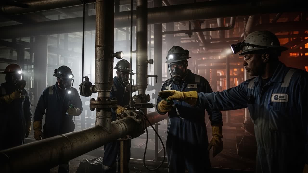 Industrial Workers Conducting Safety Inspections in a Dimly Lit Factory Environment, Utilizing Protective Gear and Equipment to Ensure Workplace Safety and Efficiency