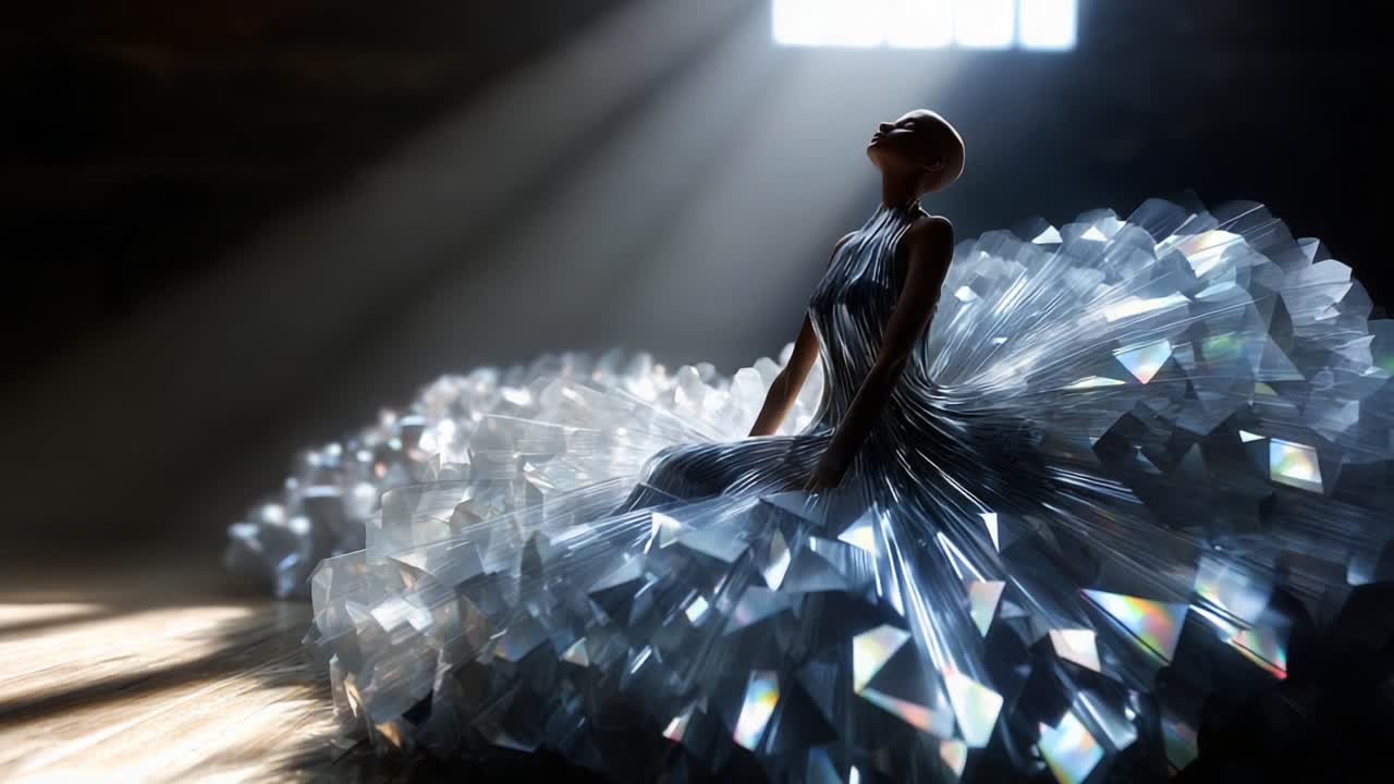 A stunning display of artistry and elegance, showcasing a figure adorned in a magnificent, shimmering gown crafted from crystalline materials, illuminated by the ethereal light filtering through a window, creating an enchanting atmosphere