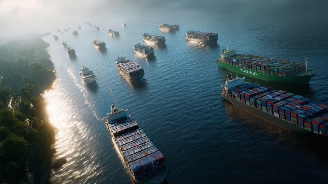 Aerial view of massive container ships moving through a busy waterway at sunrise. Golden light reflects off calm waters surrounded by green shores