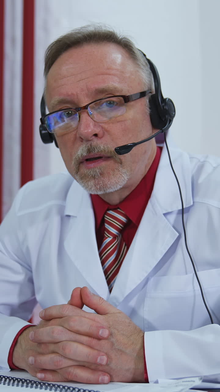 Serious doctor giving audio consultation call. Professional senior therapist sitting in medical office with headset and talking. Remote consultation. Vertical video