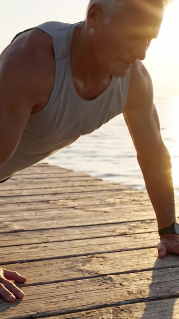 A determined older man performs push-ups on a wooden dock at sunrise, showcasing strength and dedication to fitness in a serene natural setting.