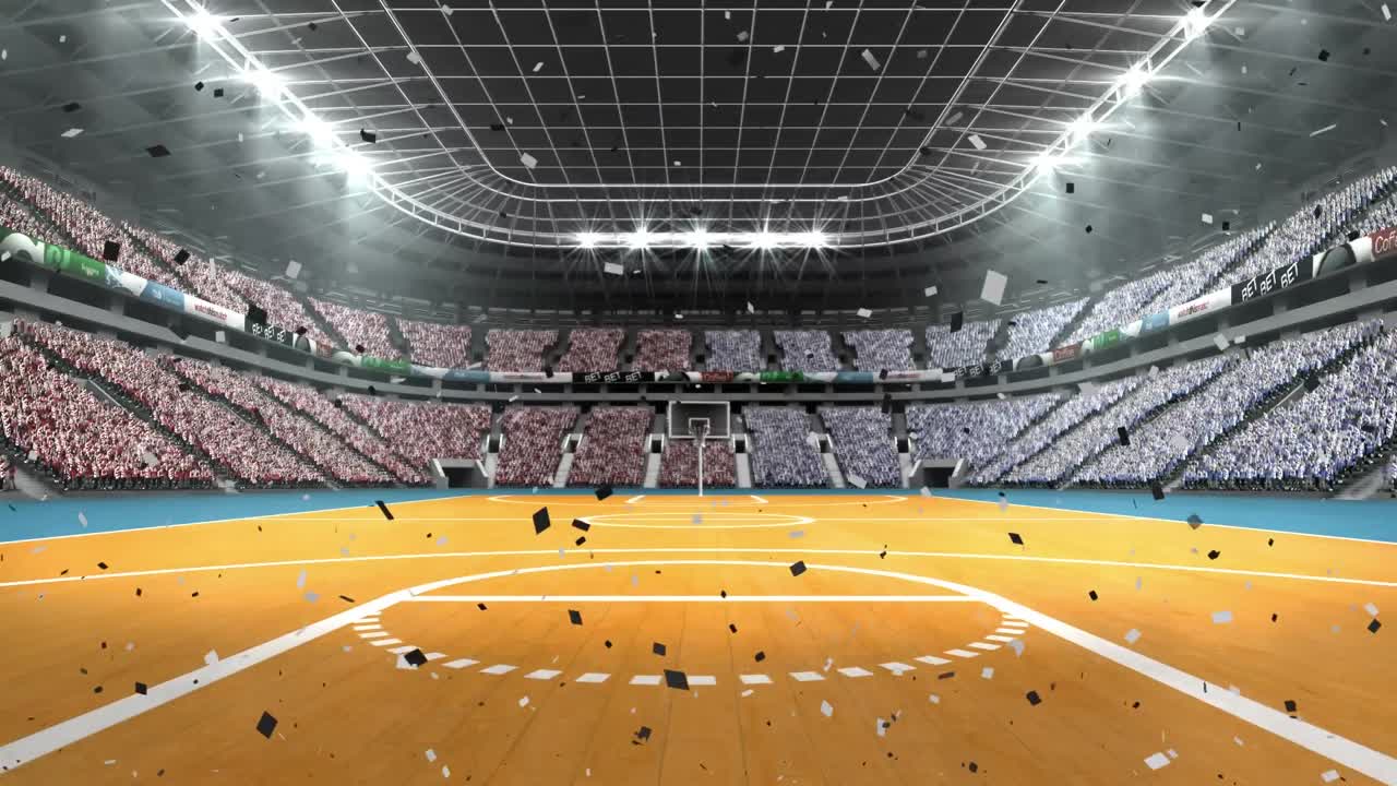 animación de confeti cayendo sobre la cancha de baloncesto del estadio deportivo