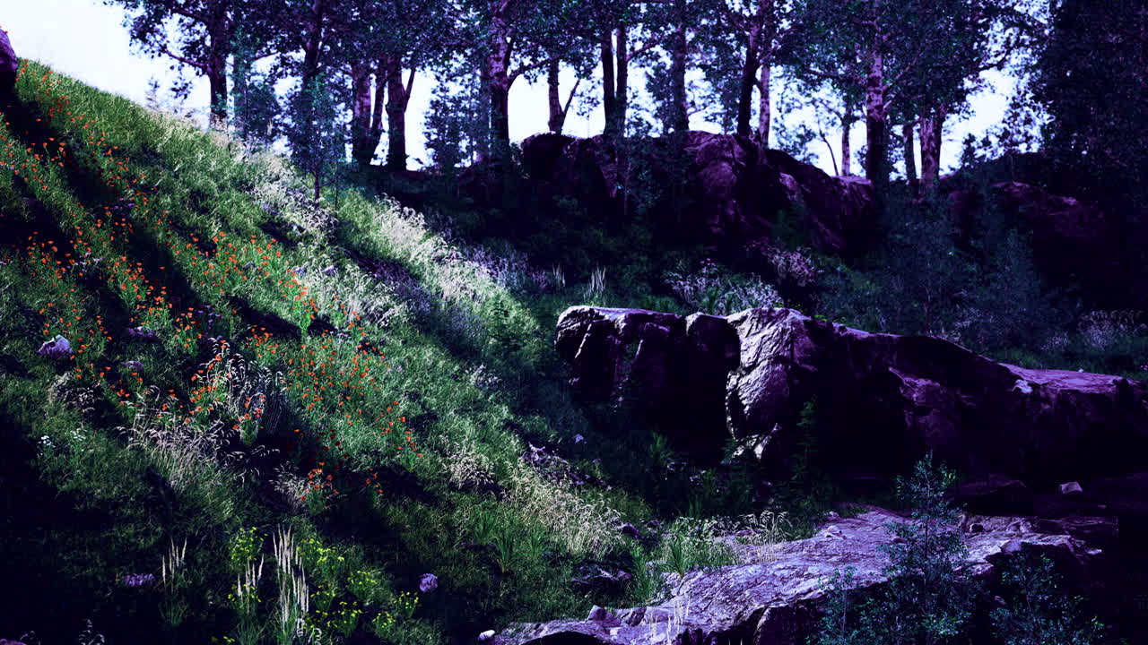 Vibrant forest landscape with rocky formations and lush greenery at twilight