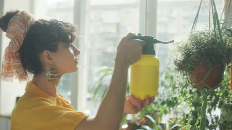 woman misting houseplants