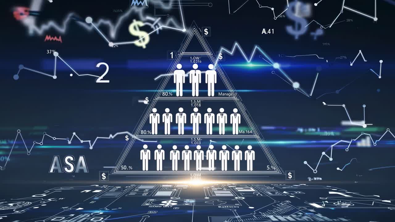 Pyramid hierarchy visualization showing corporate ladder, tiered leadership levels, financial graphs representing organizational power dynamics and workplace stratification