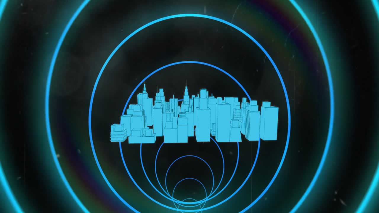 Animation of circles and city on black background