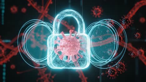 a visual representation of digital security: an animated lock surrounded by data streams and virus symbols, emphasizing cybersecurity in modern technology