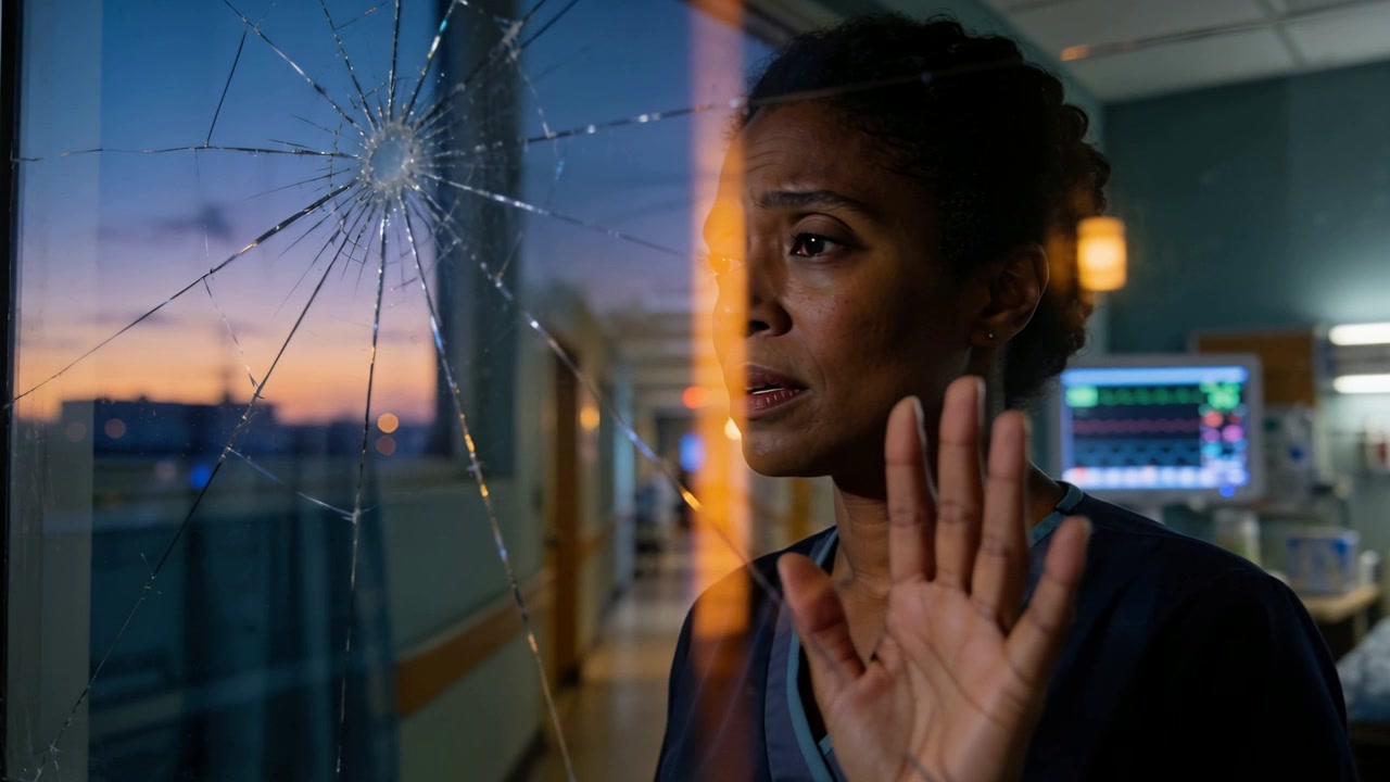 Noticing radial crack nurse in blue scrubs pressing hand on window and scanning monitor, copy space