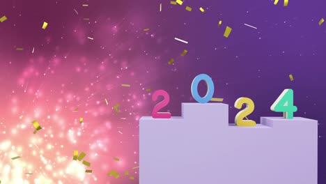 animation of 2024 text and christmas confetti falling in background