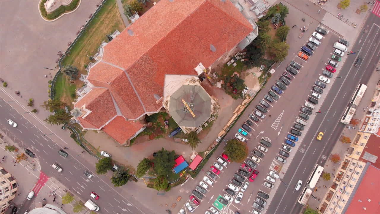 Aerial footage over church medieval tower in Romania