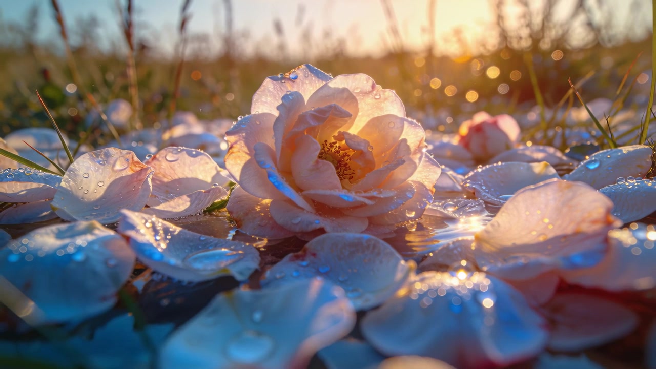 Zoom in su una rosa rosa in fiore in un campo, con la luce del sole che cambia, mettendo in risalto goccioline e petali