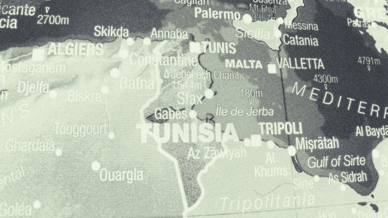 Close-up map of Tunisia and the Central Mediterranean