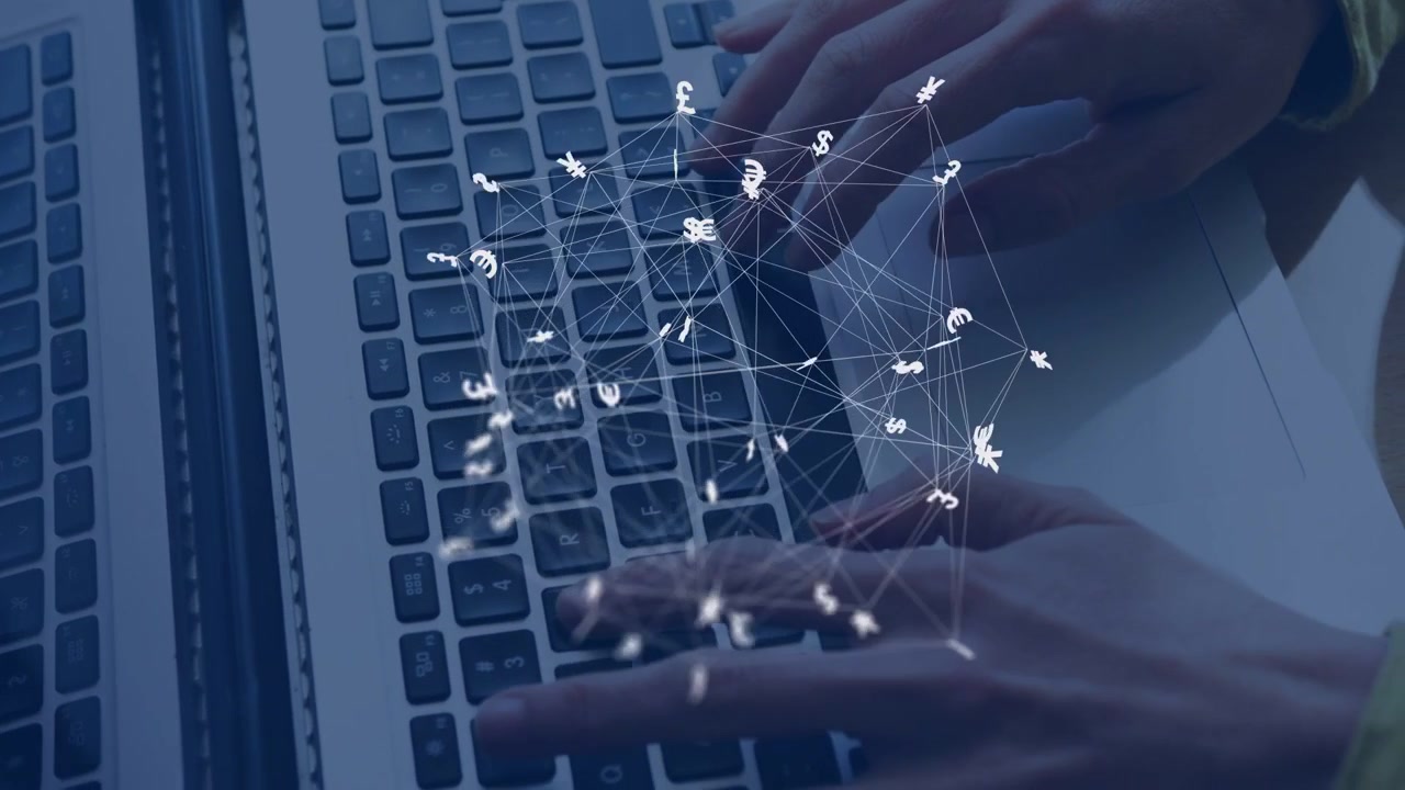 Woman's hands typing keyboard causing pulsing money network shifting toward pad to show money flow