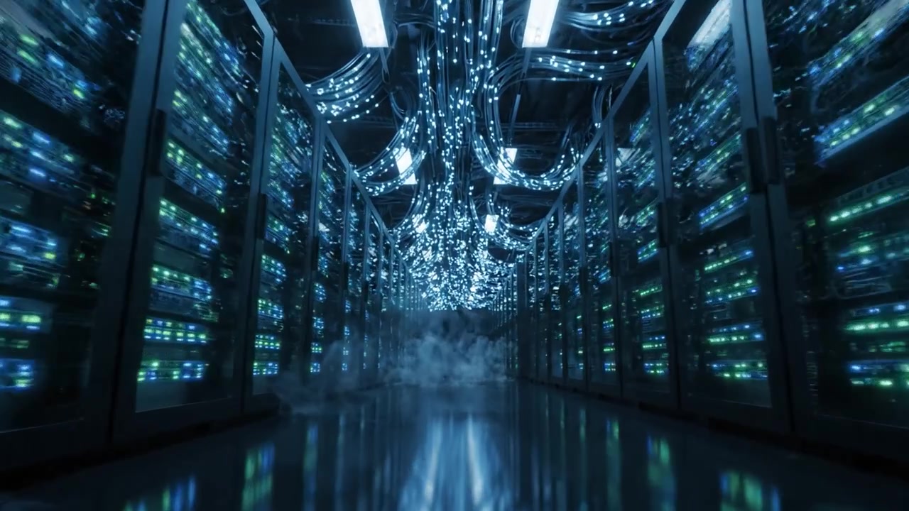 Exploring a Modern Data Center: A Glimpse into the Complex Network of Servers Featuring Vibrant LED Lights and High-Tech Infrastructure in Action
