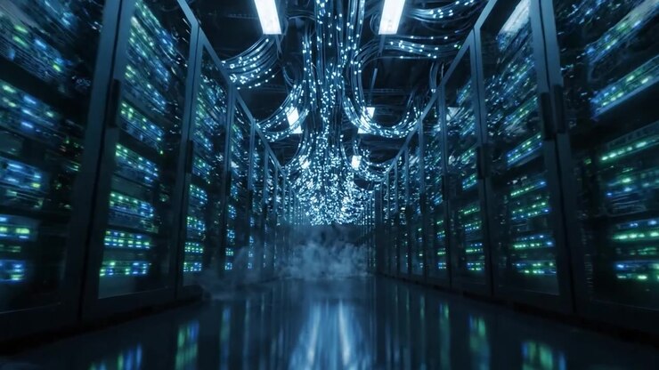 Esplorando un Moderno Data Center: Uno Sguardo alla Complessa Rete di Server con Luci LED Vivaci e Infrastruttura High-Tech in Azione