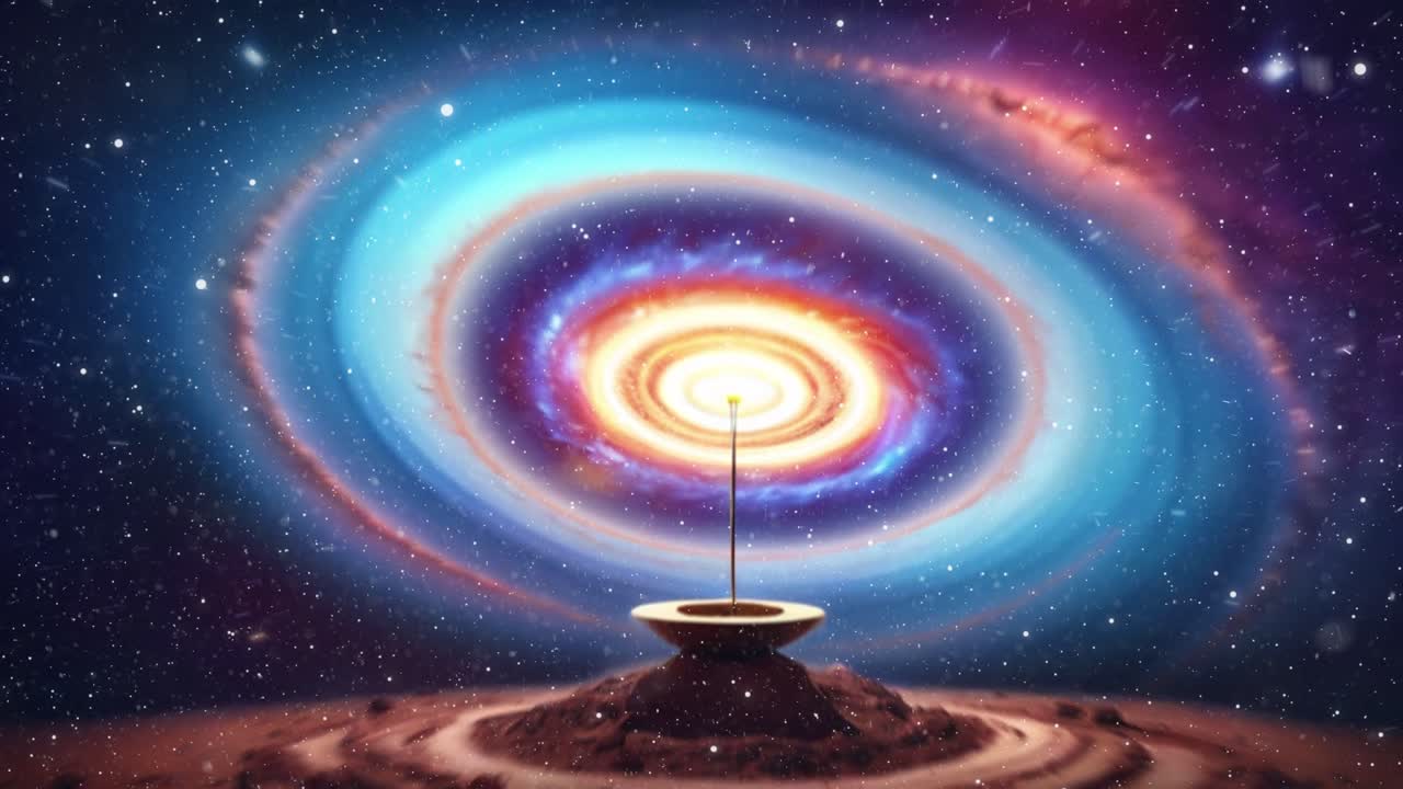 Surreal cosmic scene with an oil lamp against a swirling galaxy. Blending spirituality and space, this image evokes mysticism, meditation, universe, energy, and celestial beauty.