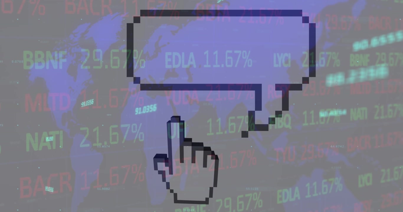 Pixelated Cursor Clicking on Speech Bubble Over Financial Data
