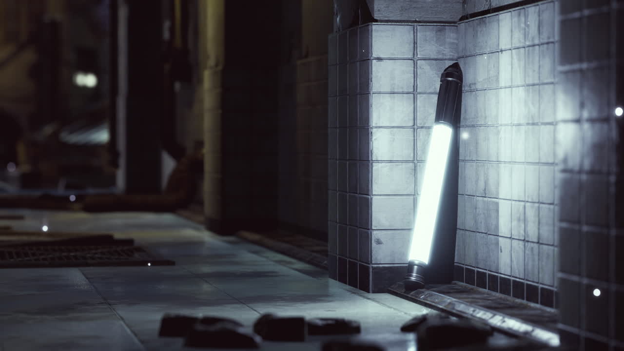 Light fixture leaning against tiled wall in urban environment at night