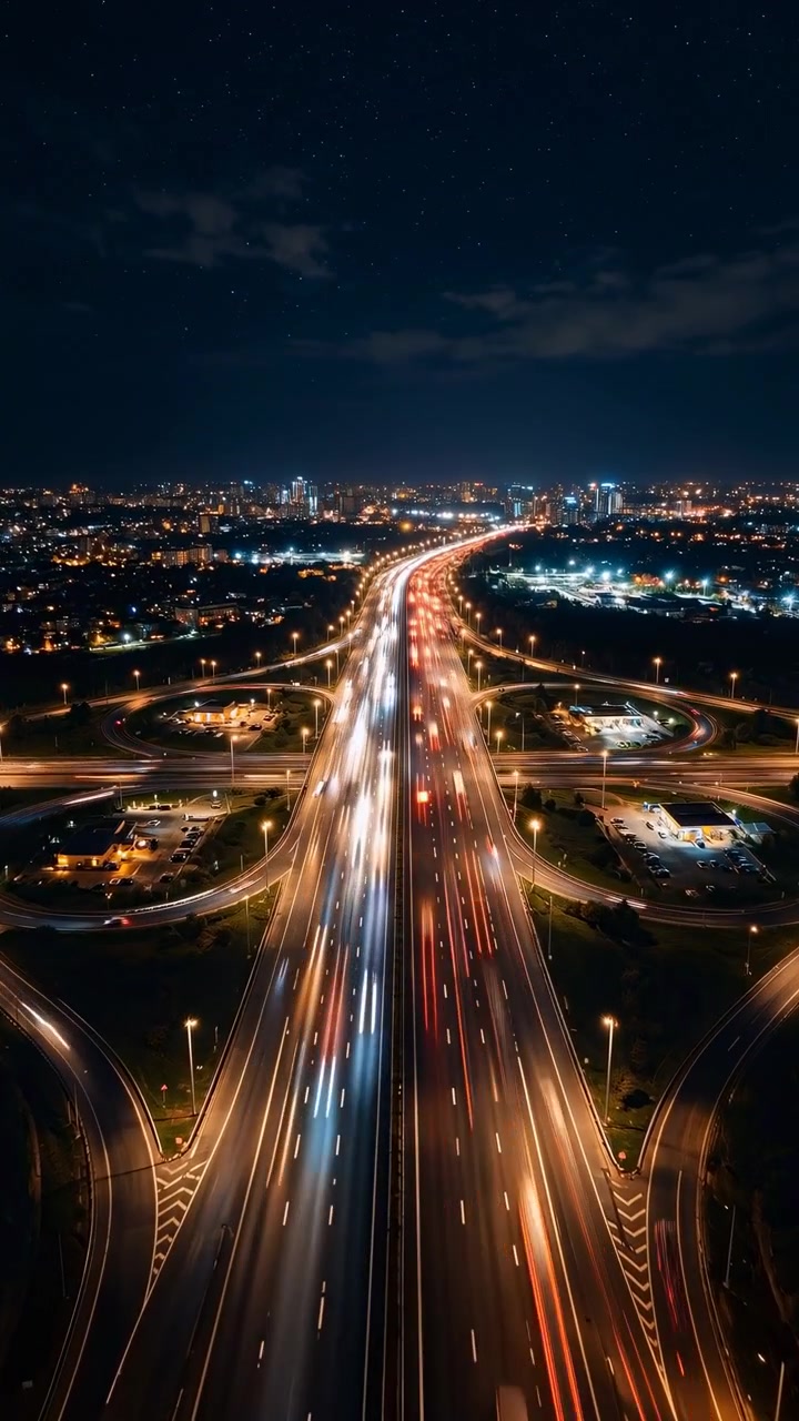 Scena notturna dall'alto di uno svincolo autostradale urbano a più corsie con scie di traffico luminose bianche e rosse, rampe a spirale, lampioni e skyline distante in un movimento urbano energico