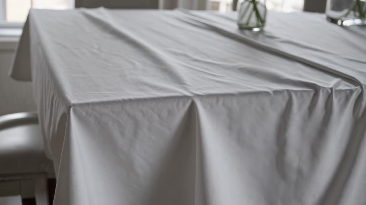 A close-up video angle of a table draped in a white cloth, capturing the texture and natural folds