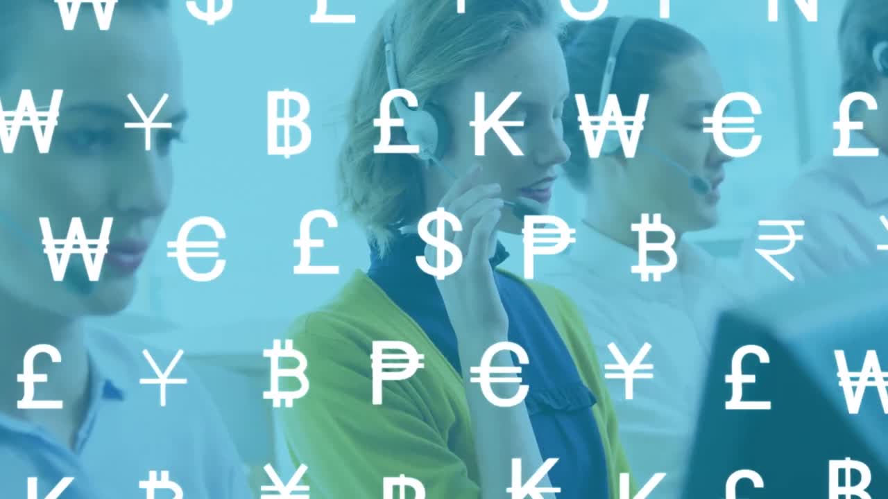 전화 헤드 ⁇ 을 착용한 다양한 사업가들에 대한 온라인 통화 기호의 애니메이션