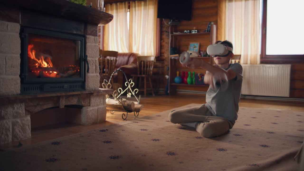 Boy Wearing VR Headset Near Fireplace