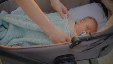 mother soothes baby in stroller
