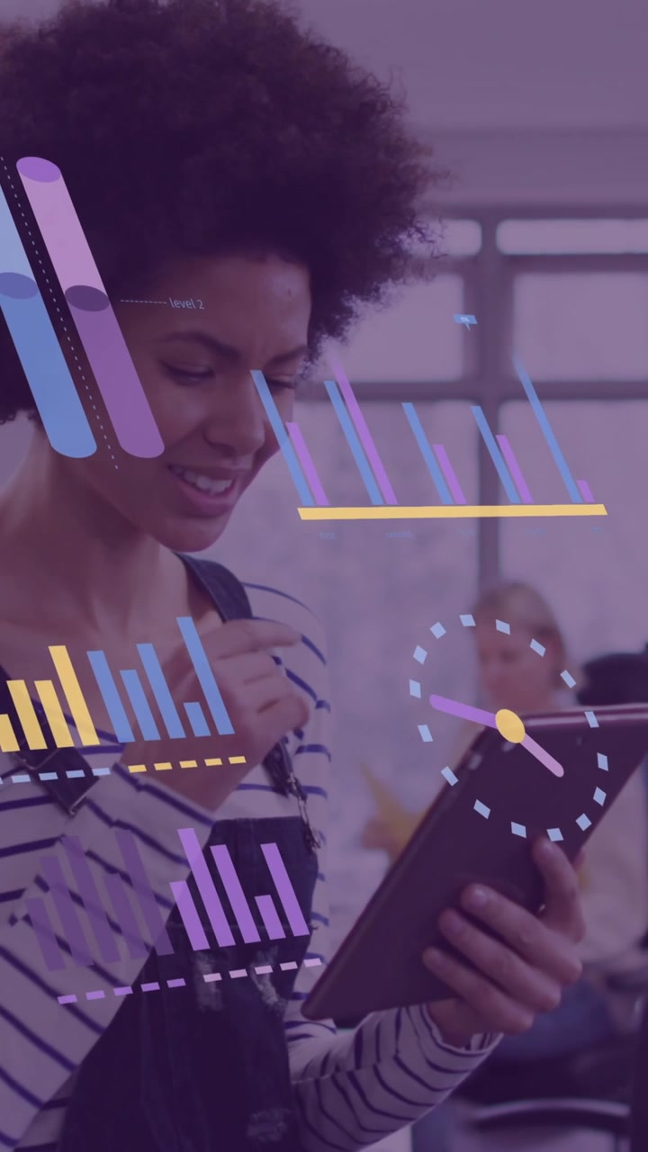Animation of financial data processing over african american businesswoman in office