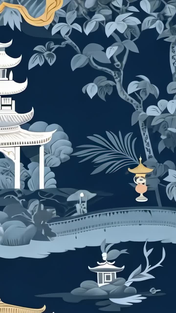 Video verticale: la fotocamera esegue una panoramica su un giardino blu scuro, rivelando una lampada sulla parete del terrazzo e una pagoda