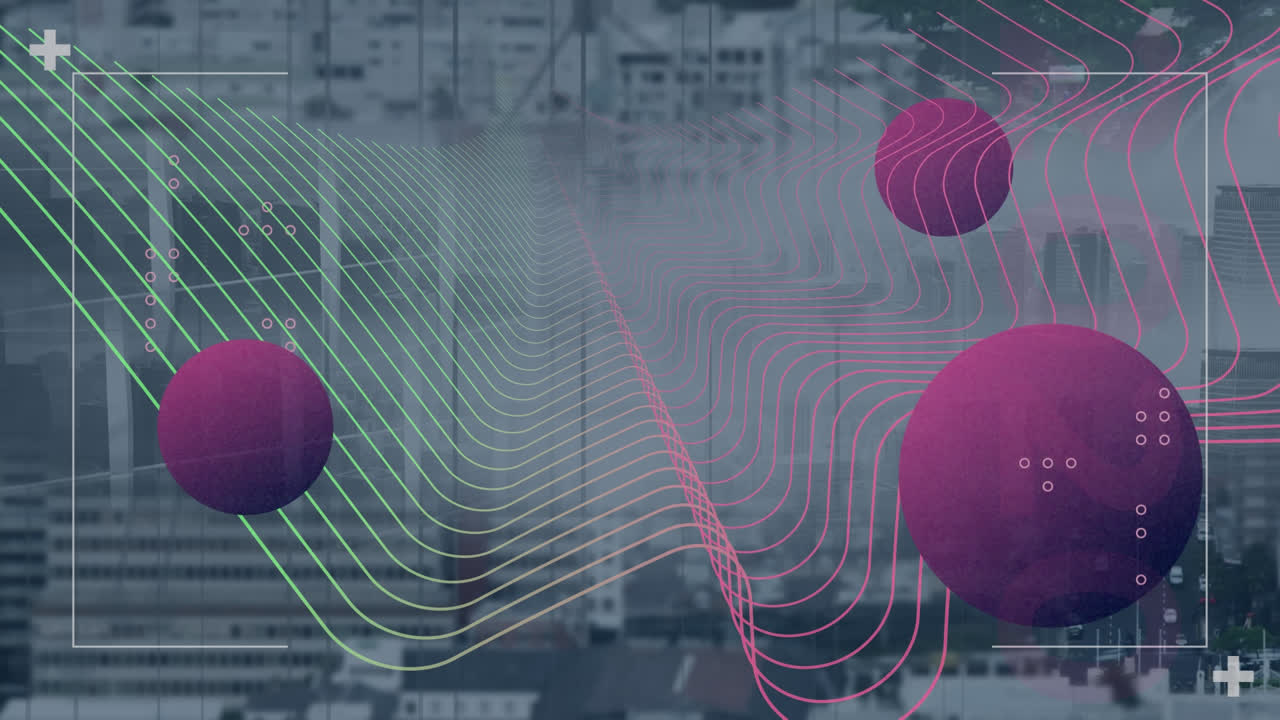 animación de patrón abstracto multicolor con globos en el visor sobre el paisaje urbano oscuro