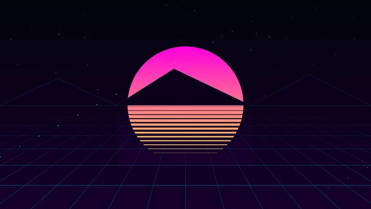Retro Synthwave Style Sunset Over Digital Grid Landscape