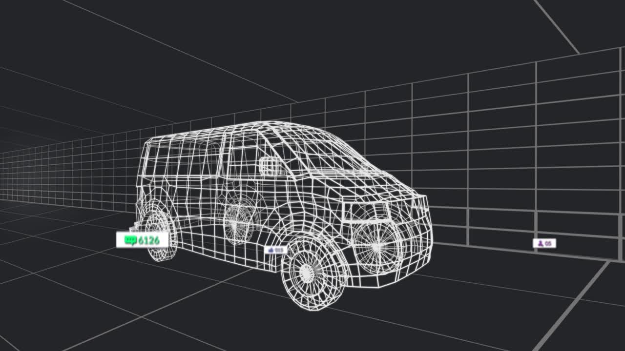 Incoming alerts starting, badges appearing and multiplying around wireframe van, showing engagement