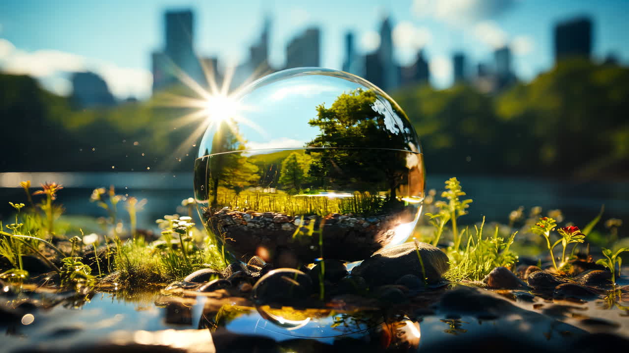 A glass ball with a tree inside of it is on a rock. The glass ball is reflecting the surrounding environment, including the city in the background.