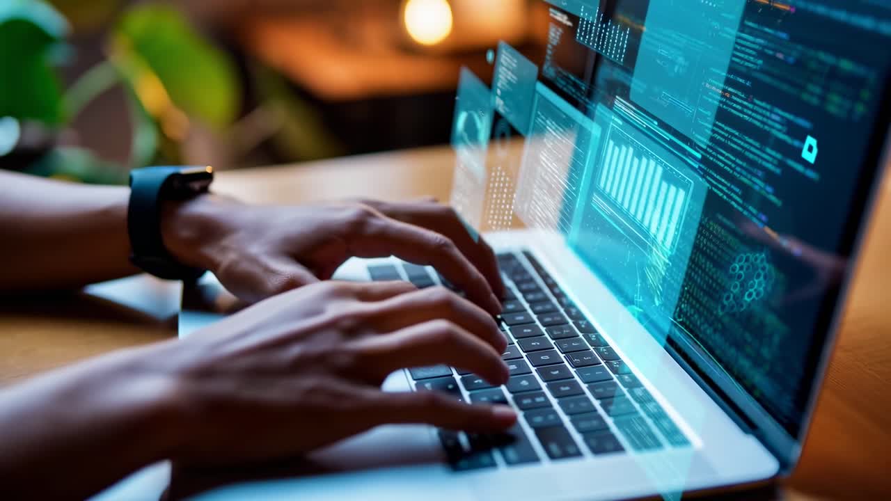 Close-up angle of hands typing on a laptop with digital overlays, suggesting a tech video theme