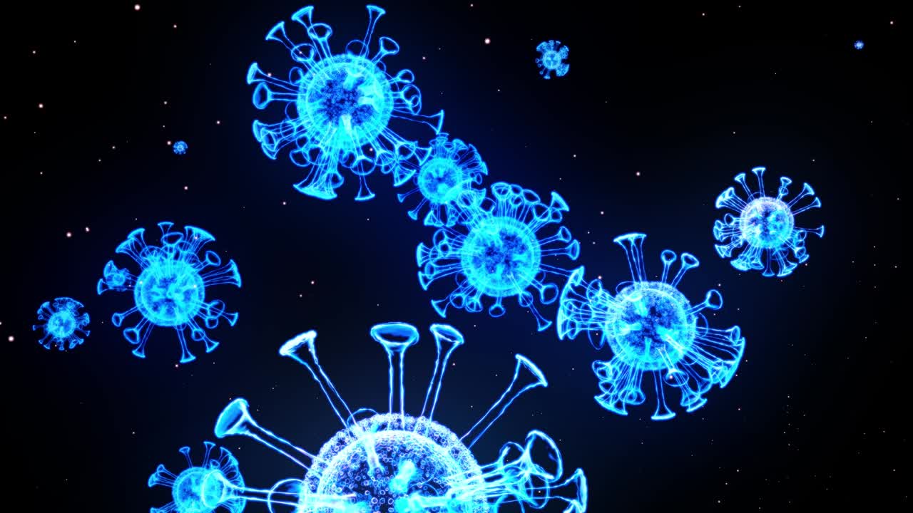 blue glowing holographic image of coronavirus like covid-19 virus or influenza virus flies in air or float smoothly on black background. 3D animation in 4k looped. For informational presentation.