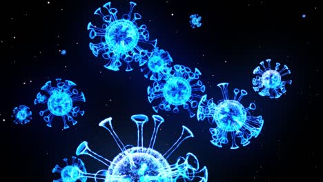 imagen holográfica brillante azul de coronavirus como el virus covid-19 o el virus de la gripe vuela en el aire o flota suavemente en fondo negro. animación 3d en 4k en bucle. para presentación informativa.