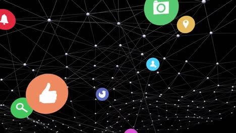 animation of network of connections with social media icons on black background