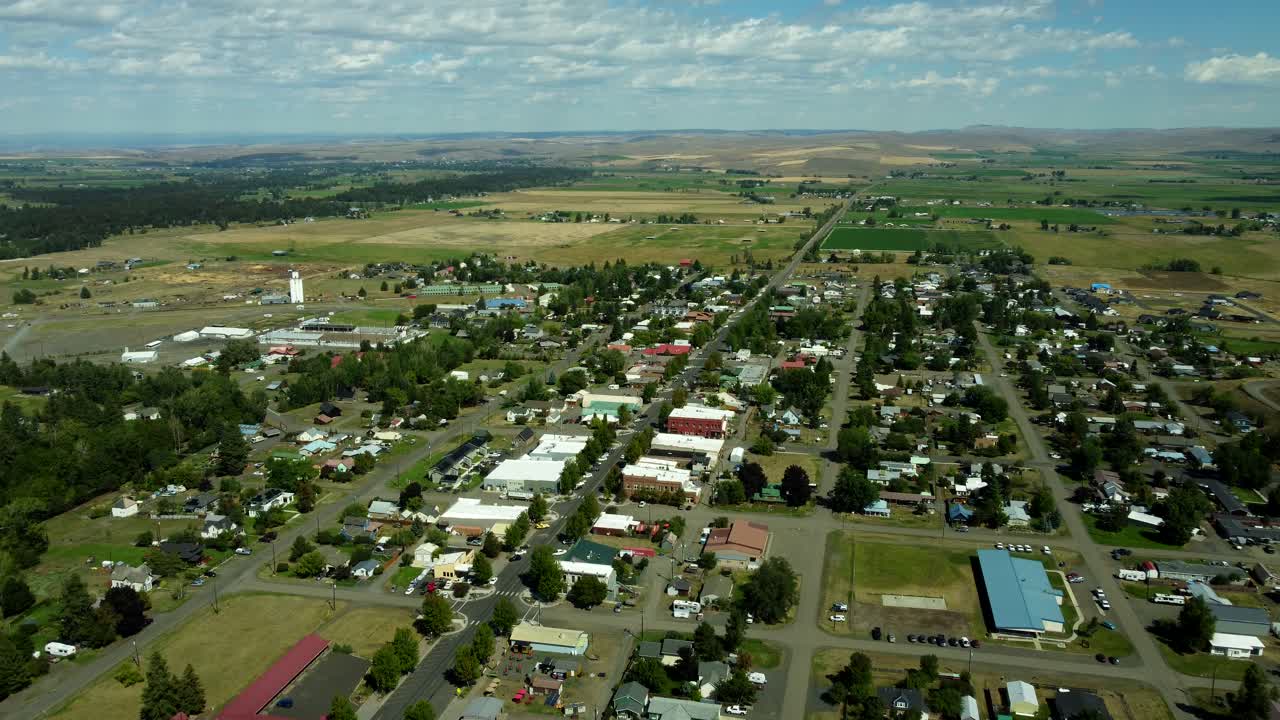US, Oregon, Joseph, 2025-08-18 - Drone view of the city of Joseph, a small tourist town in northeast oregon outside Wallowa Lake in Summer