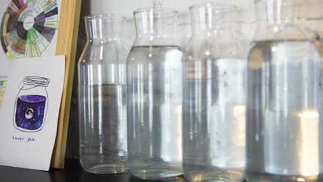 coffee shop display with glass water bottles and coffee color chart