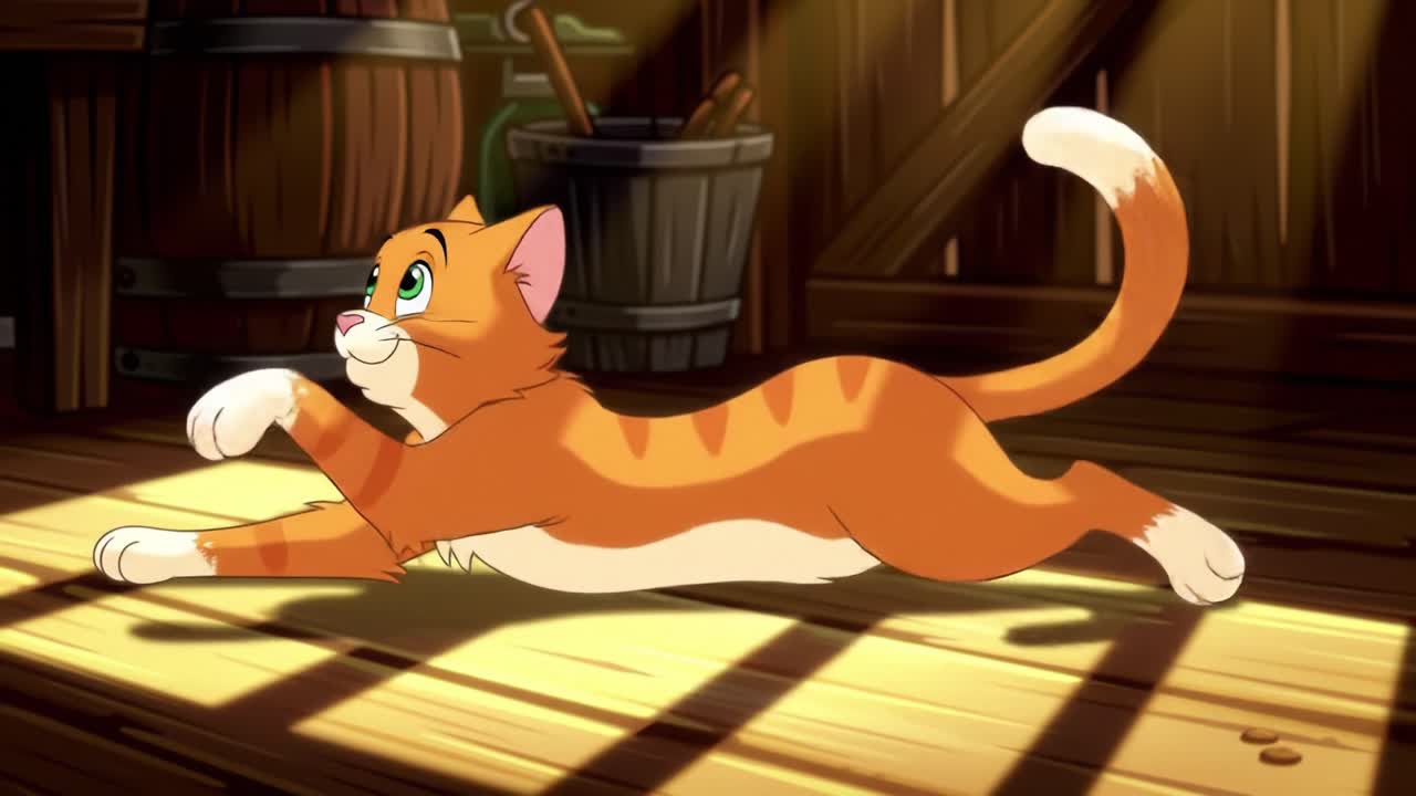 A Playful Orange Cat Enjoying a Stretch in a Cozy Barn Setting with Sunlight Shining Through, Capturing the Joyful Spirit of Feline Playfulness