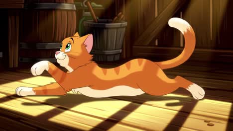 a playful orange cat enjoying a stretch in a cozy barn setting with sunlight shining through, capturing the joyful spirit of feline playfulness