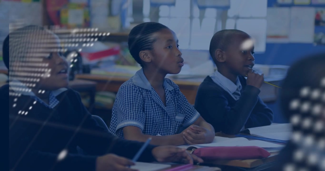 Students in Classroom with Digital World Map and Coding Overlay